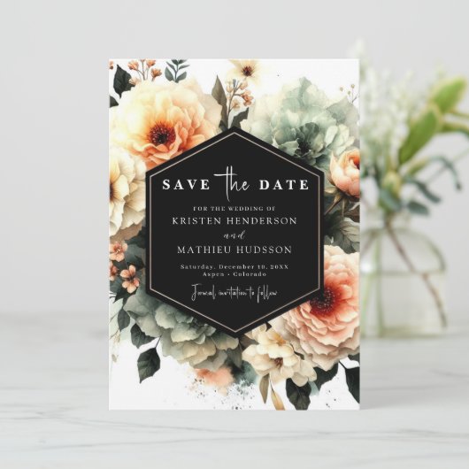 Aangepaste romantische perzik bruiloft save the date (Staand voorkant)