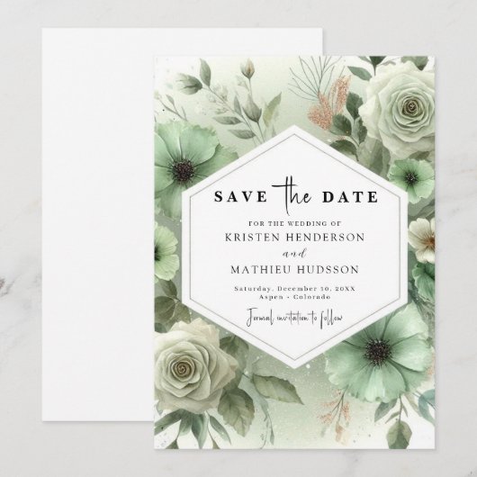 Aangepaste romantische typografie Sage Green Weddi Save The Date (Voorkant / Achterkant)