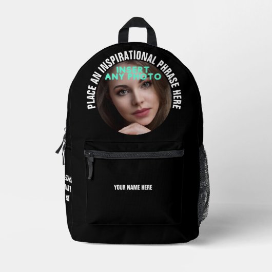 Aangepaste ronde foto en tekst Solid Black Bedrukte Rugzak (Voorkant)