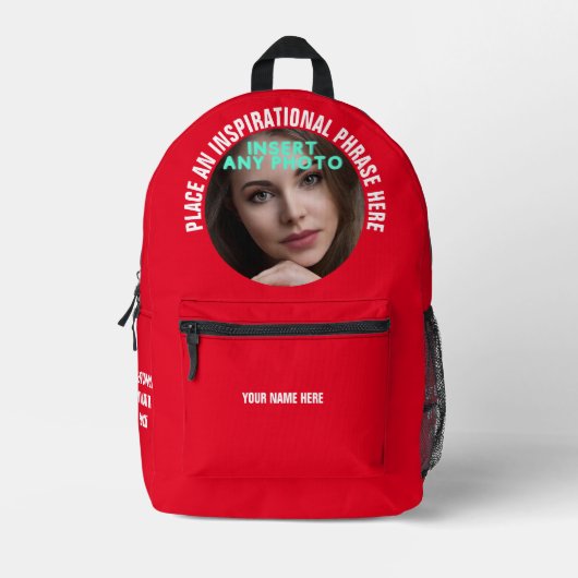 Aangepaste Ronde Foto en Tekst Solid Red Bedrukte Rugzak (Voorkant)