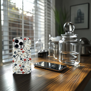 Aangepaste rood, blauw, en wit geborduurde bloemig iPhone 14 plus hoesje