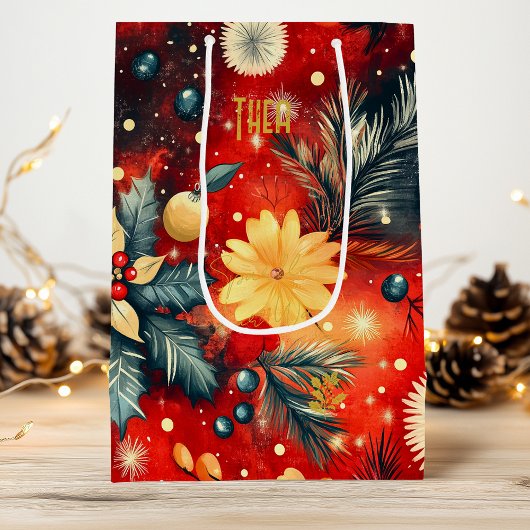 Aangepaste Rood en Goud Feestelijke Bloemen Gift B Wijn Cadeautas
