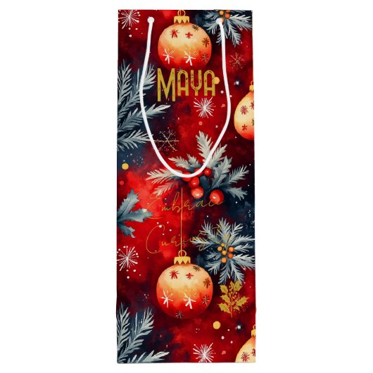 Aangepaste Rood en Goud Kerst Bauble Bag Wijn Cadeautas (Achterkant)