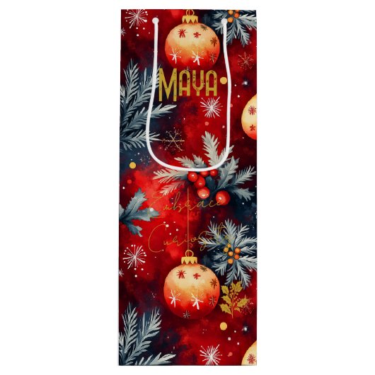 Aangepaste Rood en Goud Kerst Bauble Bag Wijn Cadeautas (Voorkant)