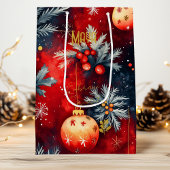 Aangepaste Rood en Goud Kerst Bauble Bag Wijn Cadeautas
