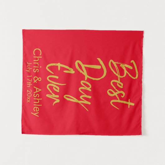 Aangepaste Rood & Goud Trouwreceptie Beste Dag Ooi Wandkleed (Voorkant (horizontaal))