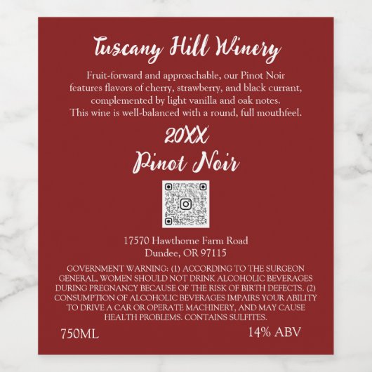 Aangepaste rood witModerne QR-code LOGO Beschrijvi Wijn Etiket (Enkel label)