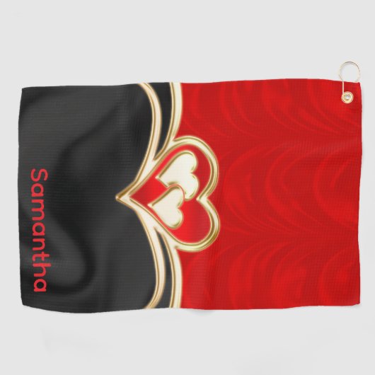 Aangepaste Rood Zwart en Goud Stijlvolle Monogram  Golfhanddoek (Horizontaal)