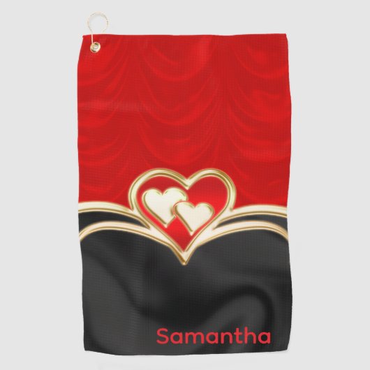 Aangepaste Rood Zwart en Goud Stijlvolle Monogram  Golfhanddoek (Voorkant)