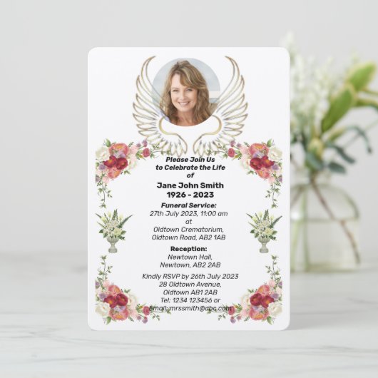 Aangepaste Roos Wings Foto Uitvaart Kaart (Staand voorkant)