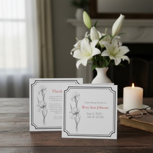 Aangepaste rouwkaart met Iris bloemen Bedankkaart