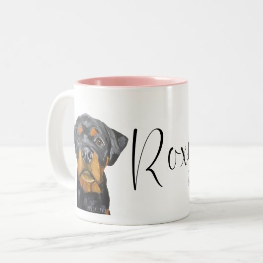 Aangepaste Roxy Rottweiler hond Tweekleurige Koffiemok (Voorkant links)