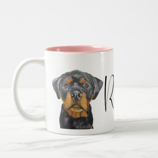 Aangepaste Roxy Rottweiler hond Tweekleurige Koffiemok (Links)