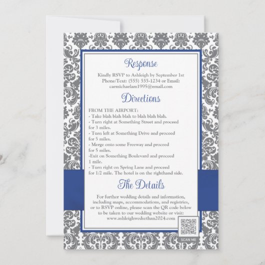 Aangepaste Royal Blue en Grey bruiloft uitnodiging (Achterkant)