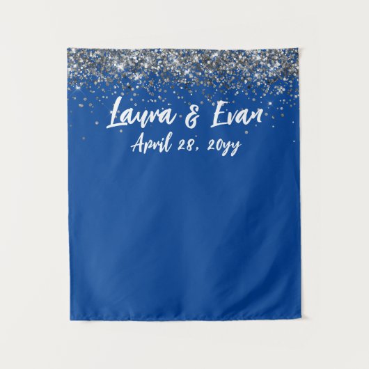 Aangepaste Royal Blue Zilveren Bruiloftsfotohokje Wandkleed (Voorkant)