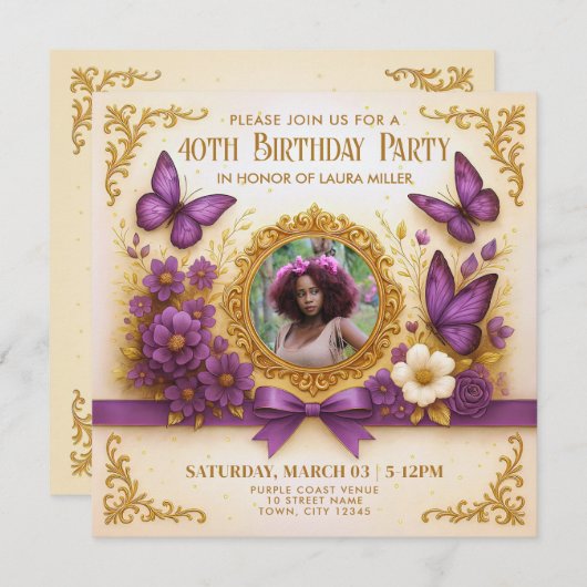 Aangepaste Royal Gold Paarse Vlinder Verjaardagsfe Kaart (Voorkant / Achterkant)