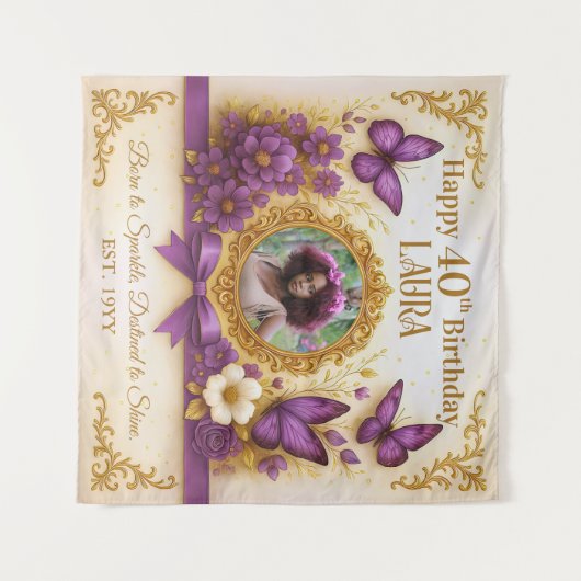 Aangepaste Royal Gold Paarse Vlinder Verjaardagsfe Wandkleed (Voorkant (horizontaal))