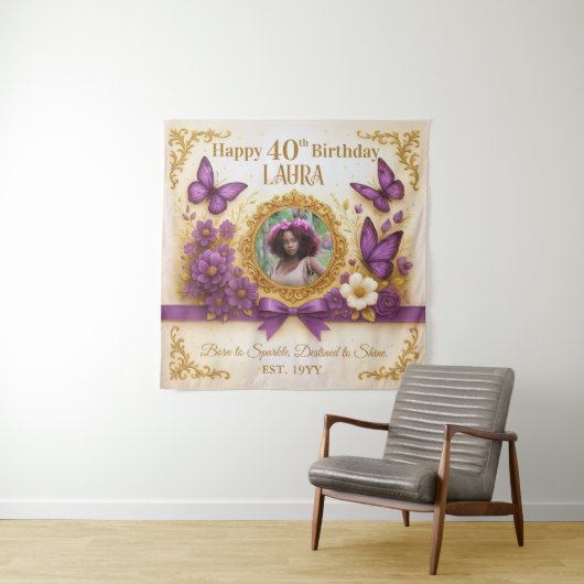 Aangepaste Royal Gold Paarse Vlinder Verjaardagsfe Wandkleed (In situ)