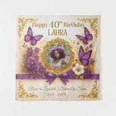 Aangepaste Royal Gold Paarse Vlinder Verjaardagsfe Wandkleed (Voorkant)