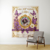 Aangepaste Royal Gold Paarse Vlinder Verjaardagsfe Wandkleed (In situ)