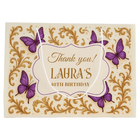Aangepaste Royal Gold Paarse Vlinderverjaardag Groot Cadeauzakje (Achterkant)