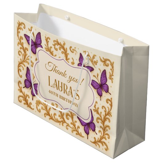 Aangepaste Royal Gold Paarse Vlinderverjaardag Groot Cadeauzakje (Voorkant Gekanteld)