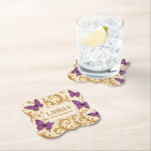 Aangepaste Royal Gold Paarse Vlinderverjaardag Kartonnen Onderzetters (Insitu)