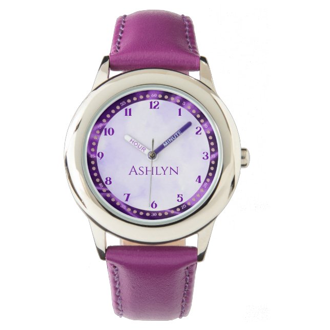 Aangepaste Royal Lila Sparkling Kinder Leren Horloge (Voorkant)