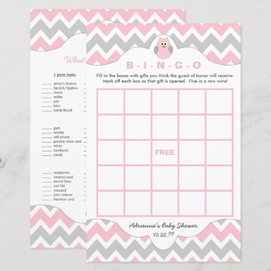 Aangepaste roze baby shower games bingo (Voorkant / Achterkant)