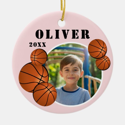 Aangepaste Roze Basketbal Sport Foto Keramisch Ornament (Voorkant)