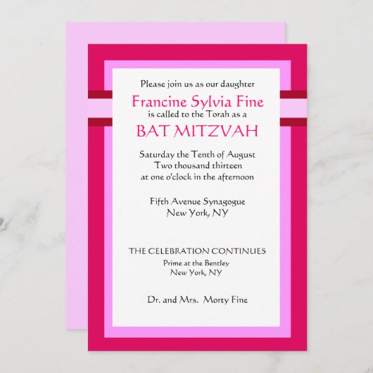 Aangepaste roze bat Mitzvah uitnodigingen (Voorkant / Achterkant)