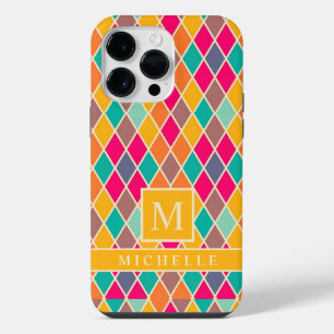 Aangepaste roze blauw geel Paarse diamant geometri iPhone 14 Pro Max Hoesje