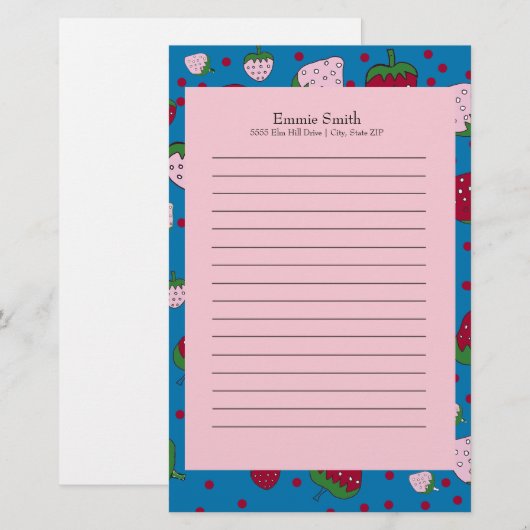 Aangepaste roze blauwe aardbei briefpapier (Voorkant / Achterkant)