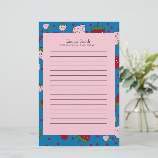 Aangepaste roze blauwe aardbei briefpapier (Staand voorkant)