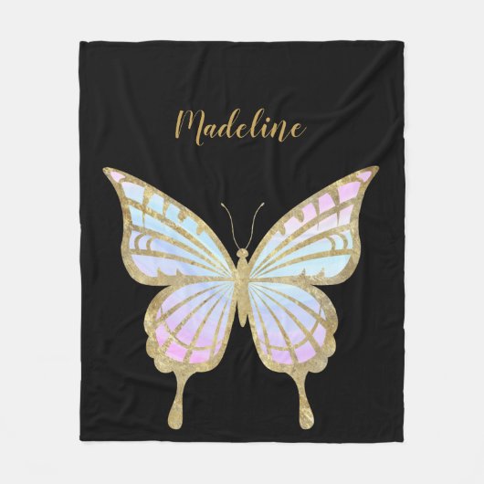 Aangepaste roze, blauwe en goudvlinder fleece deken (Voorkant)