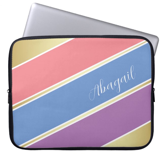 Aangepaste Roze, Blauwe en Lavendel Stripe Art Laptop Sleeve (Voorkant)