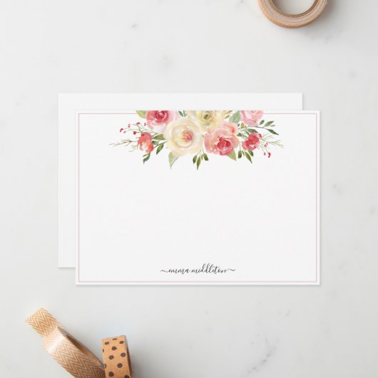 Aangepaste roze bloei Waterverf Floral Notitiekaartje (Voorkant / Achterkant in situ)