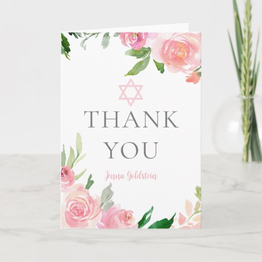 Aangepaste Roze Bloemen Bat Mitzvah Partij Joods Bedankkaart (Voorkant)