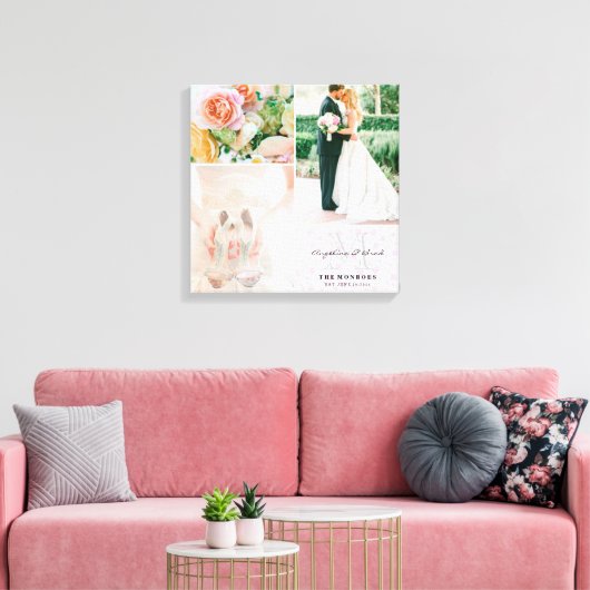 Aangepaste roze bloemen bruiloft foto collage canvas afdruk (Insitu (Woonkamer))