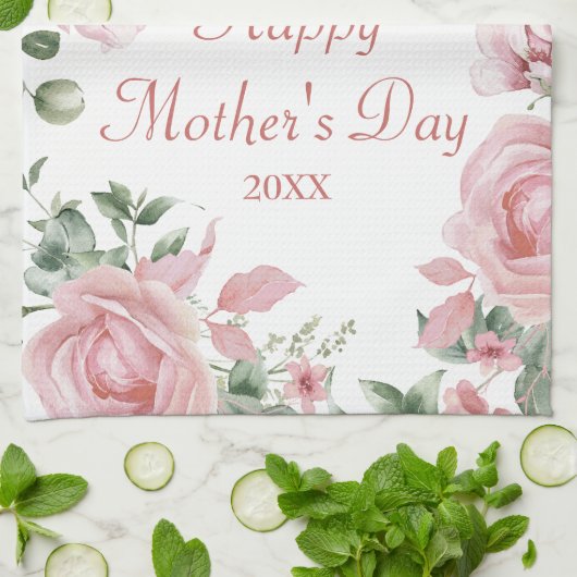 Aangepaste Roze Bloemen Gelukkige Moederdag Theedoek (Gevouwen)