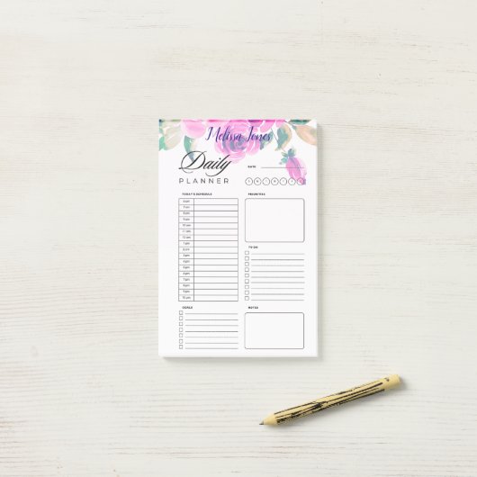 Aangepaste roze bloemen gepersonaliseerde dagelijk post-it® notes (Op bureau)