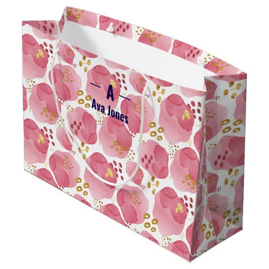Aangepaste Roze Bloemen Gift Bag – gepersonaliseer Groot Cadeauzakje (Achterkant Gekanteld)