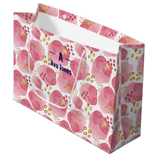 Aangepaste Roze Bloemen Gift Bag – gepersonaliseer Groot Cadeauzakje (Voorkant Gekanteld)