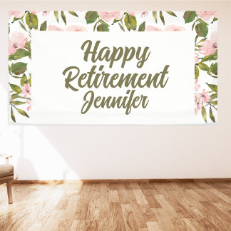Aangepaste Roze Bloemen Greenery Happy Retirement Spandoek