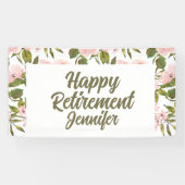 Aangepaste Roze Bloemen Greenery Happy Retirement  Spandoek (Horizontaal)