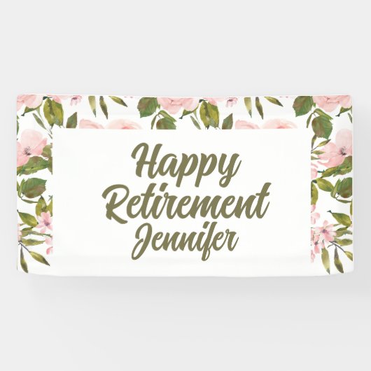 Aangepaste Roze Bloemen Greenery Happy Retirement Spandoek (Horizontaal)