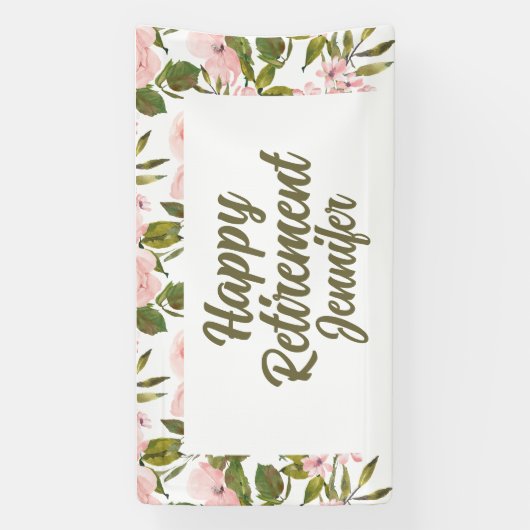 Aangepaste Roze Bloemen Greenery Happy Retirement Spandoek (Verticaal)
