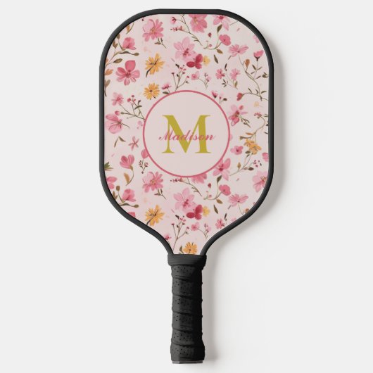 Aangepaste Roze Bloemen Monogram Pickleball Paddle (Voorkant)