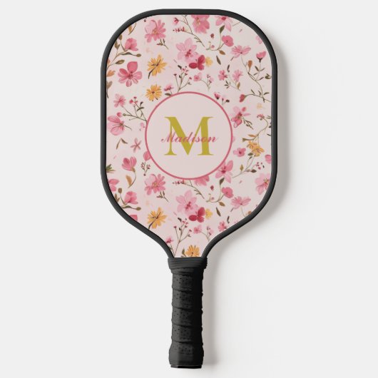 Aangepaste Roze Bloemen Monogram Pickleball Paddle (Achterkant)