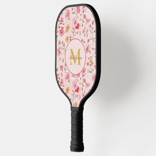 Aangepaste Roze Bloemen Monogram Pickleball Paddle (Links)